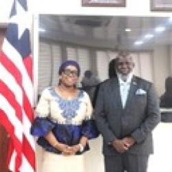 Minister of Foreign Affairs, H.E. Mme. Sara Beysolow Nyanti along with the new World Health Organization (WHO) Country Representative to Liberia, Dr. Olushayo Olu. 