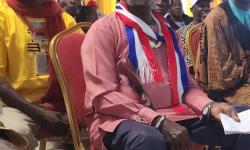 Suspended Paramount Chief Robert Sennah (center), Chairperson of the County Council of Chiefs of Nimba. 